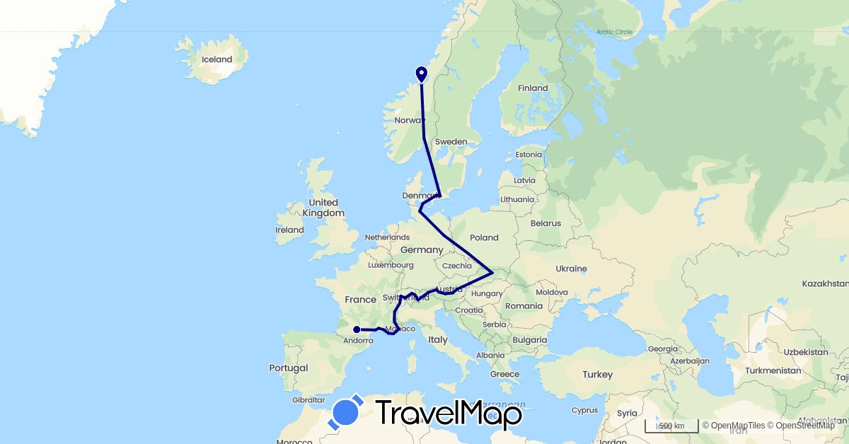 TravelMap itinerary: driving in Austria, Switzerland, Germany, Denmark, France, Norway, Sweden, Slovakia (Europe)
